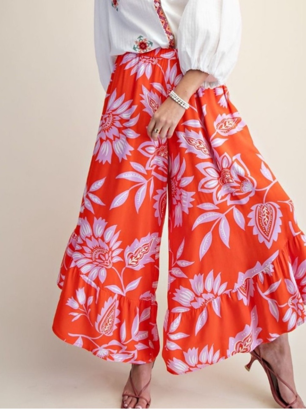 easel Wide Leg Floral Pants in Bright Orange and Light Pink
